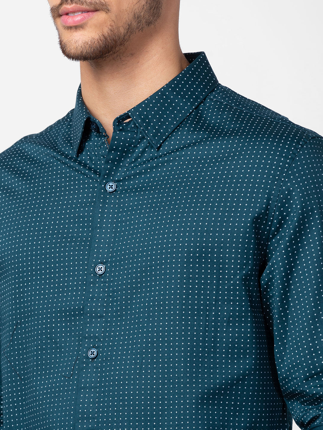 Spykar Men Teal Green Cotton Slim Fit Printed Shirt