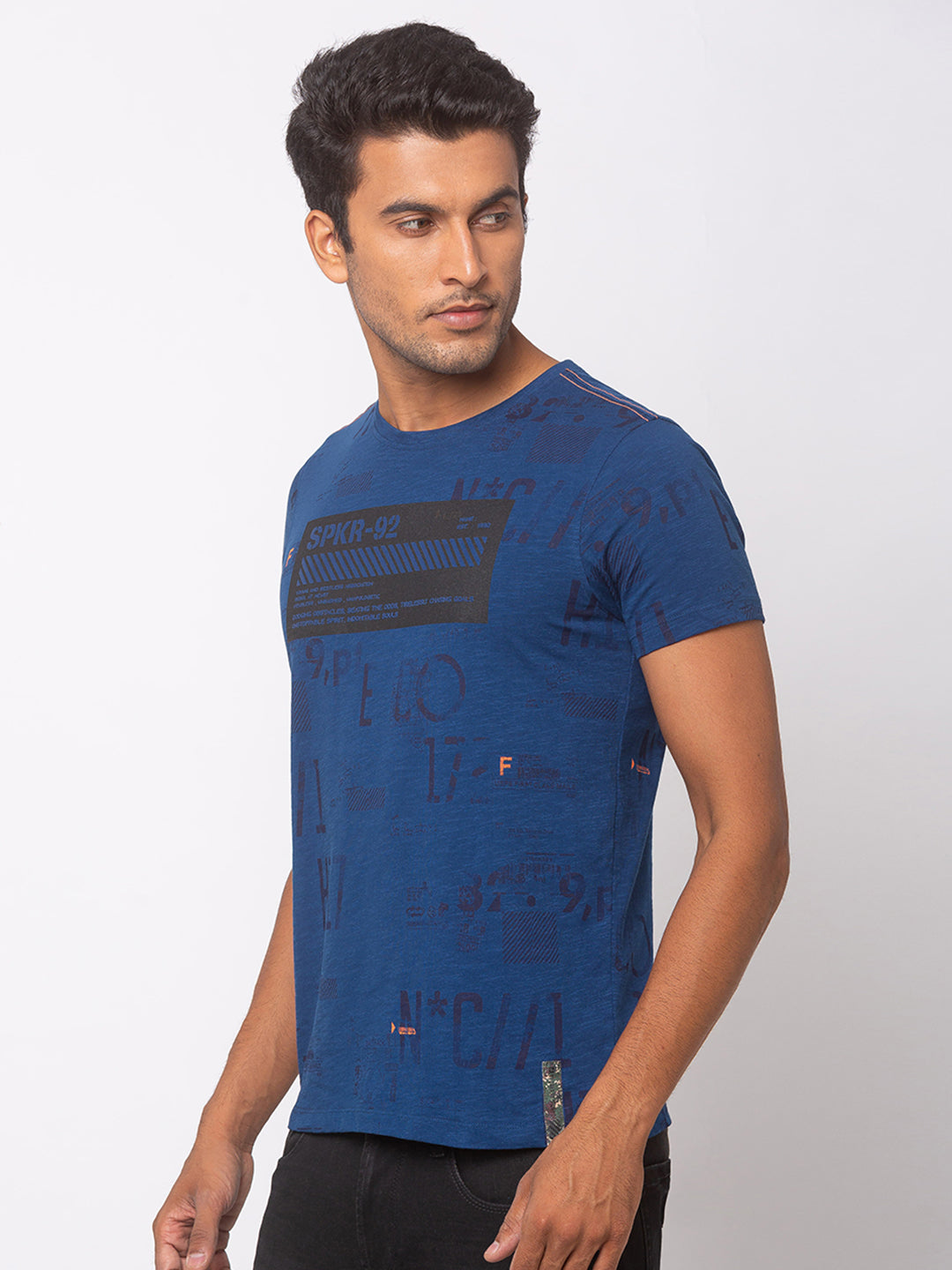 Spykar Ink Blue Cotton Men T-Shirts