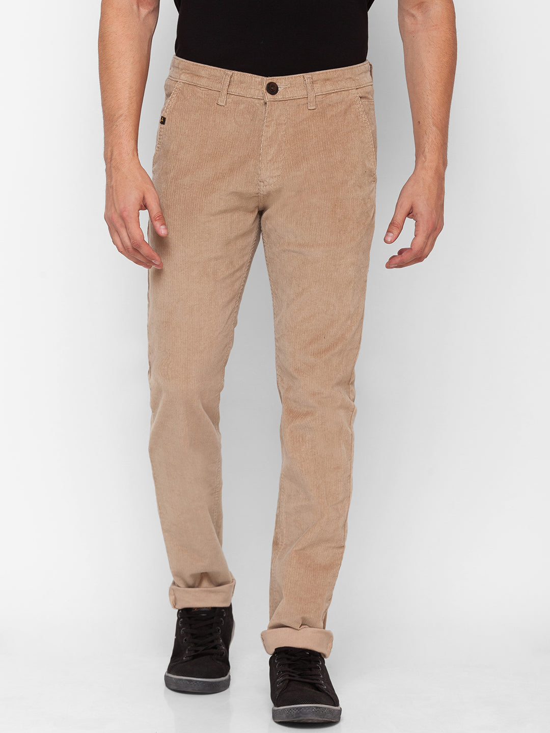 Buy OnlineSpykar Men Khaki Cotton Slim Fit Ankle Length Plain Trousers