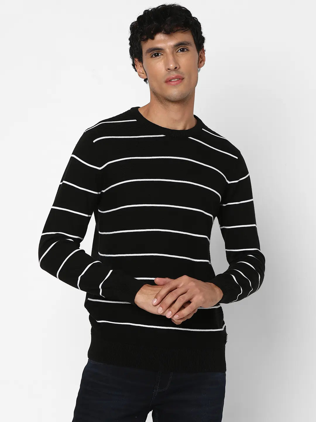 Spykar Men Black Cotton Regular Fit Full Sleeve Round Neck Striped Sweater