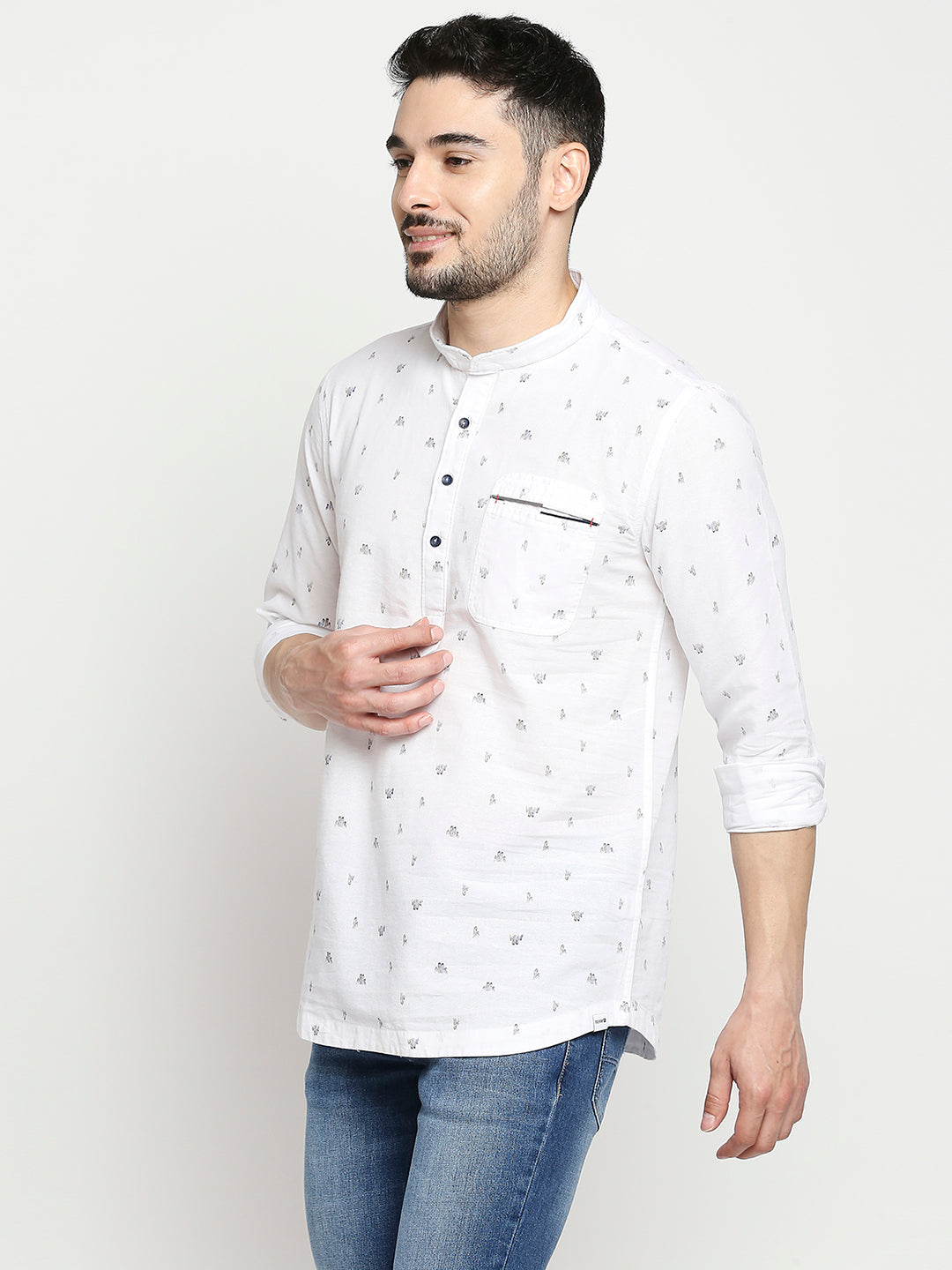 Spykar White Cotton Full Sleeve Printed Kurta For Men