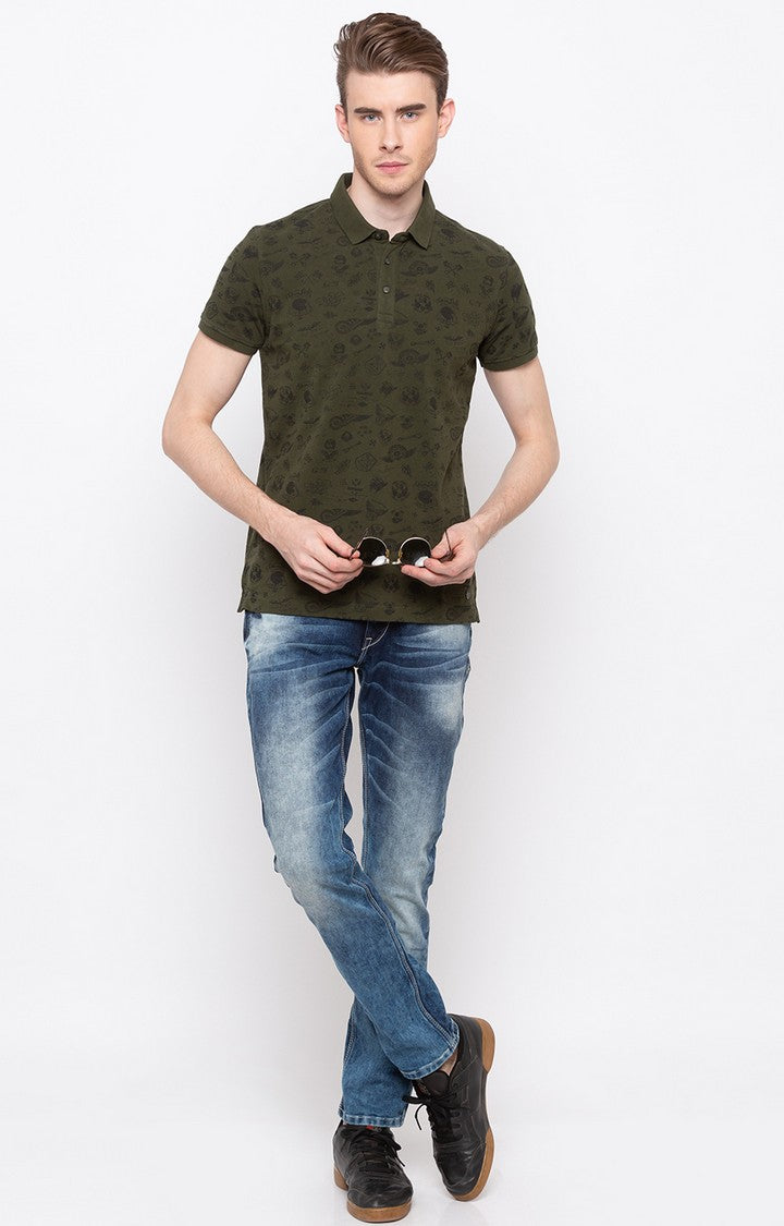 Spykar Olive Printed Slim Fit Polo T-Shirt