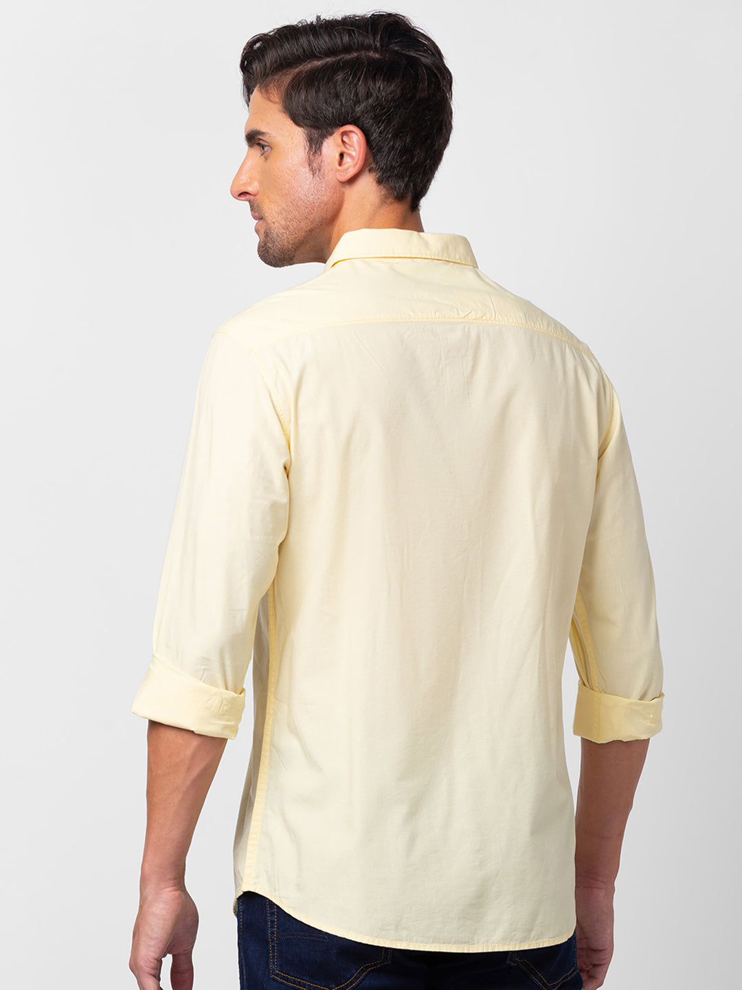 Spykar Men Powder Yellow Cotton Slim Fit Plain Shirt