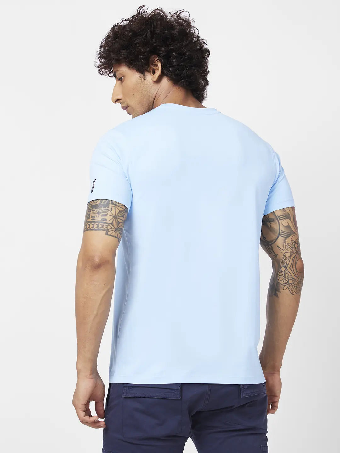 Spykar Men Powder Blue Blended Slim Fit Half Sleeve Round Neck Printed Tshirt