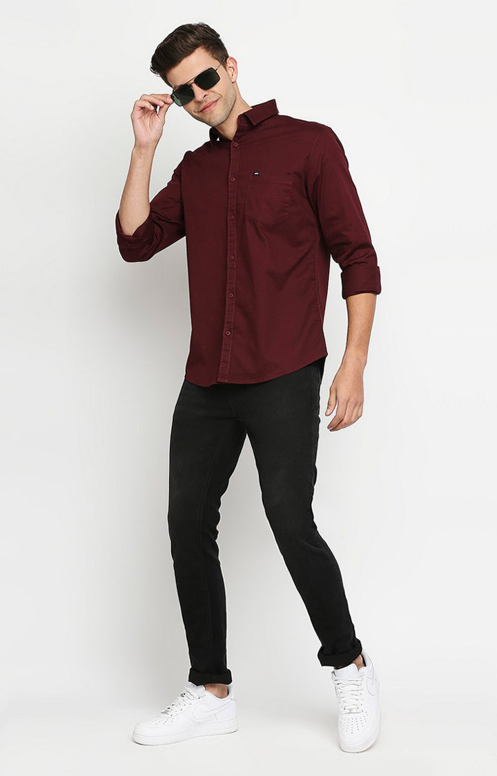 Spykar Wine Red Cotton Full Sleeve Plain Shirt For Men