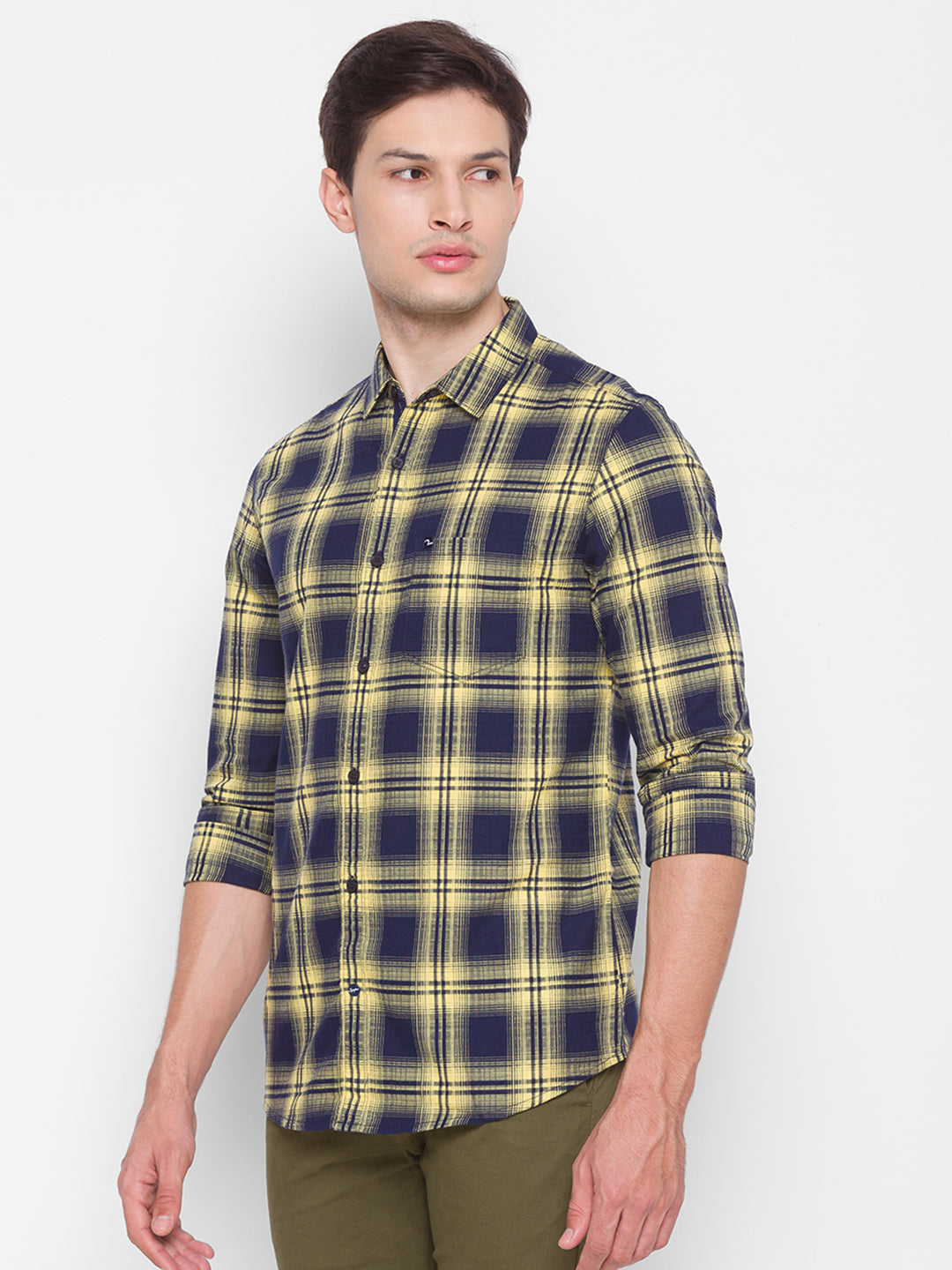 Spykar Slim Fit Yellow Cotton Men Shirt