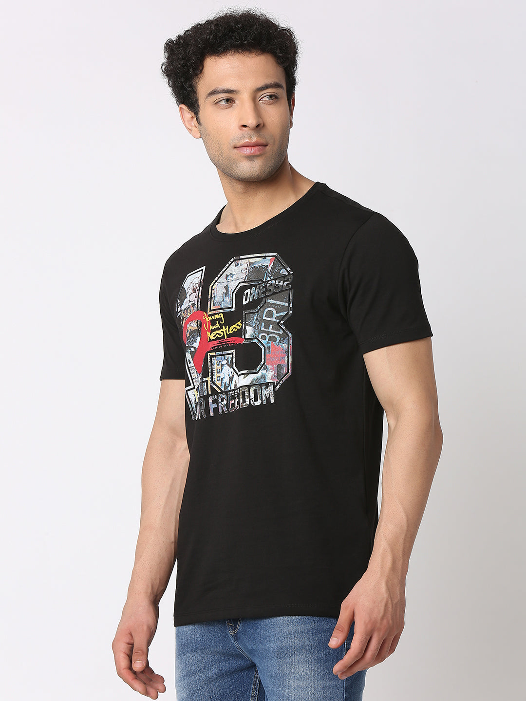 Spykar Men Black Cotton Slim Fit Round Neck Printed T-Shirt