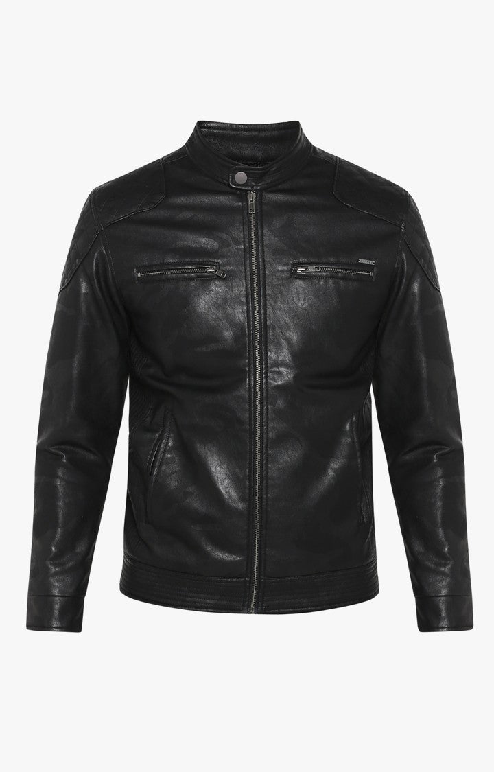 Spykar Men Black Printed Slim Fit Leather Jacket