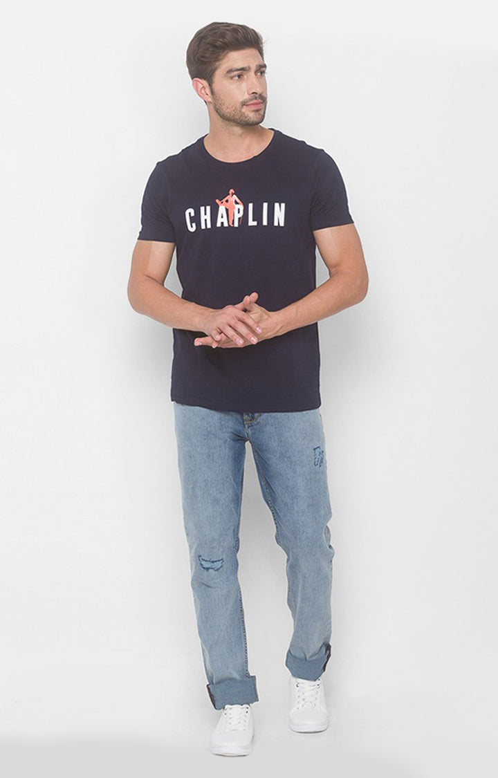 Charlie Chaplin Spykar Men Navy Blue Cotton Slim Fit Round Neck Printed T-Shirt