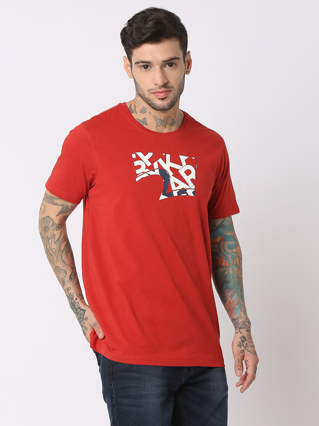 Spykar Men Burnt Orange Cotton Regular Fit Round Neck Printed T-Shirt