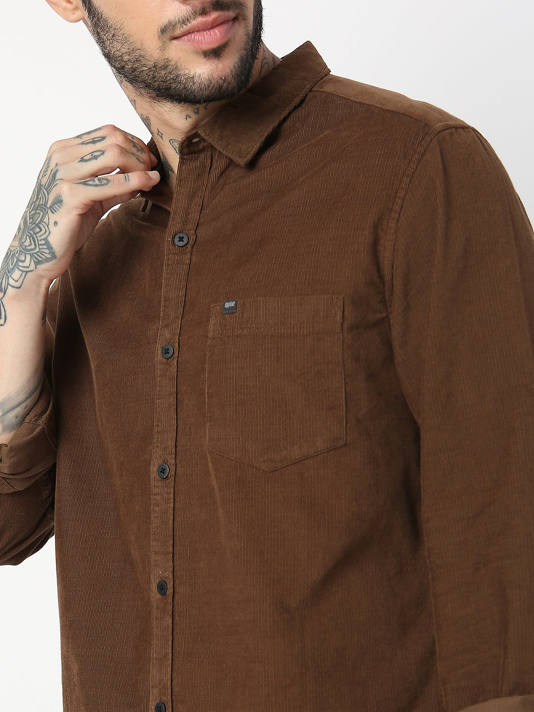 Spykar Men Mud Brown Cotton Slim Fit Plain Shirts