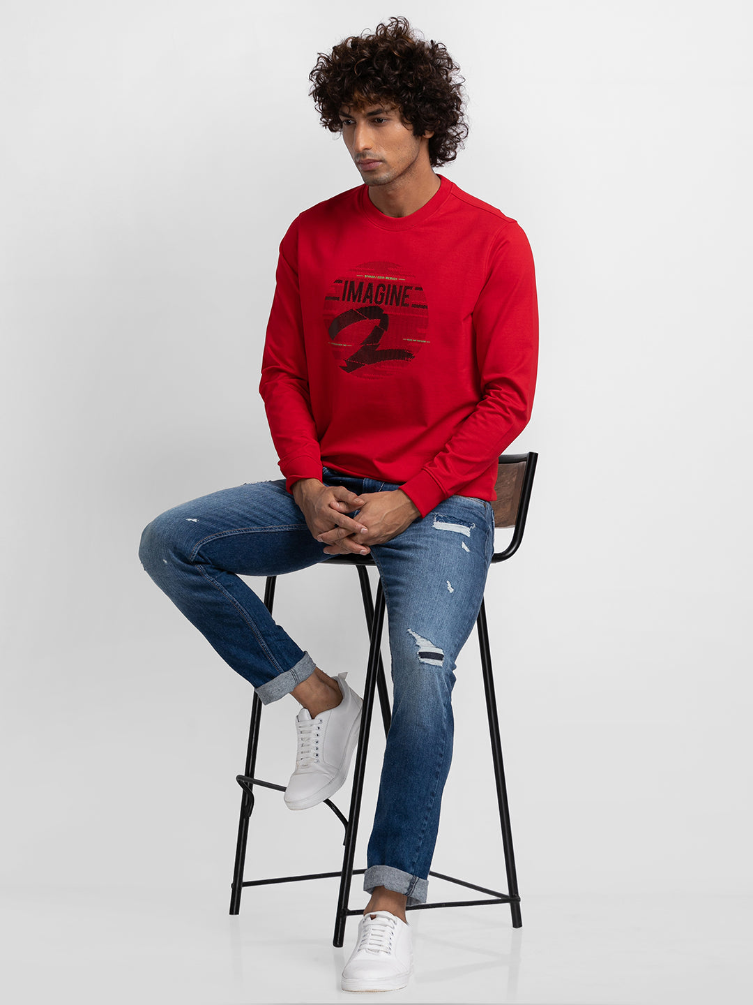 Spykar True Red Cotton Full Sleeve Round Neck Sweatshirt For Men