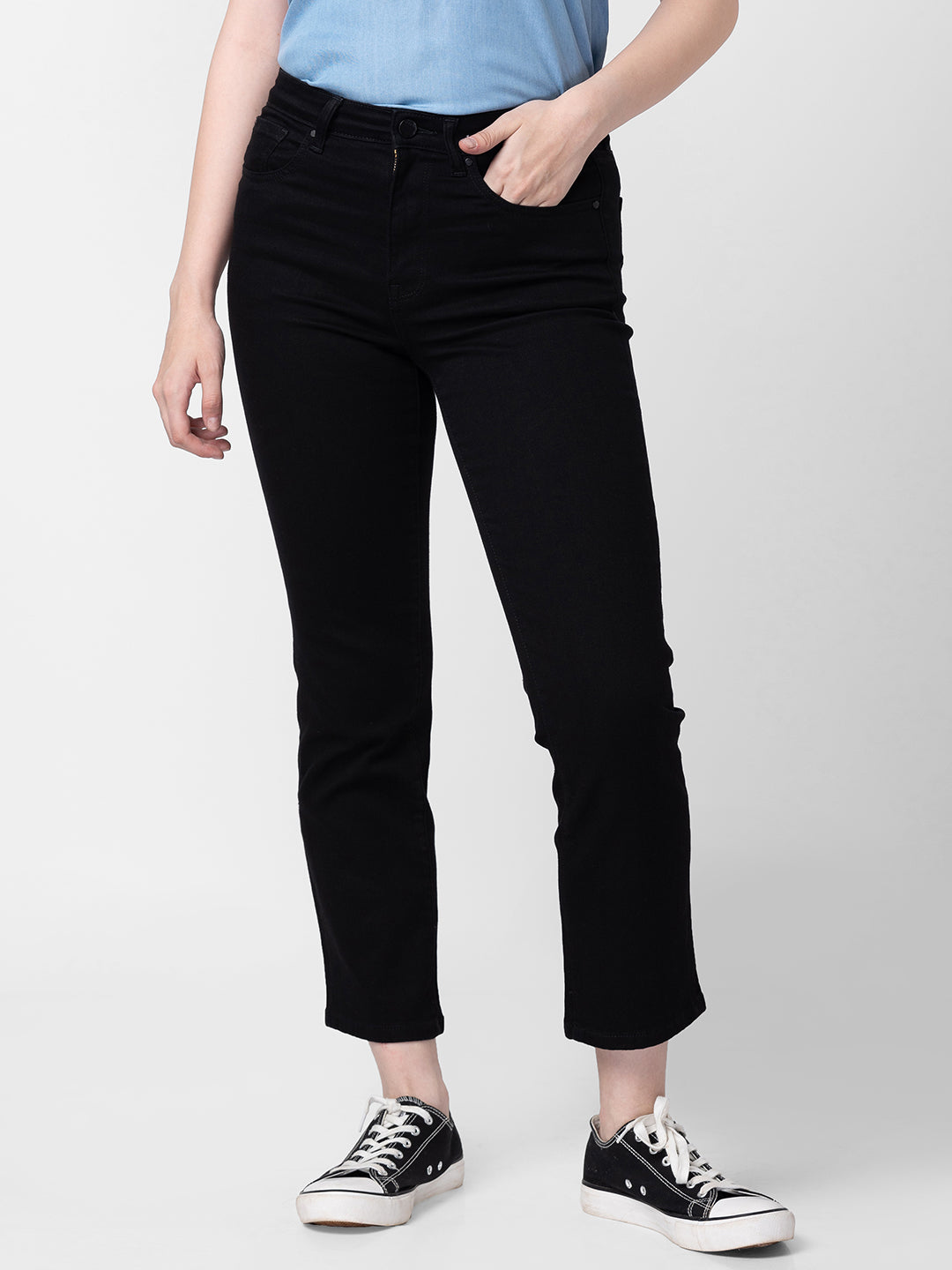 Women Black Cotton Slim Straight Fit Ankle Length Jeans (Emma)