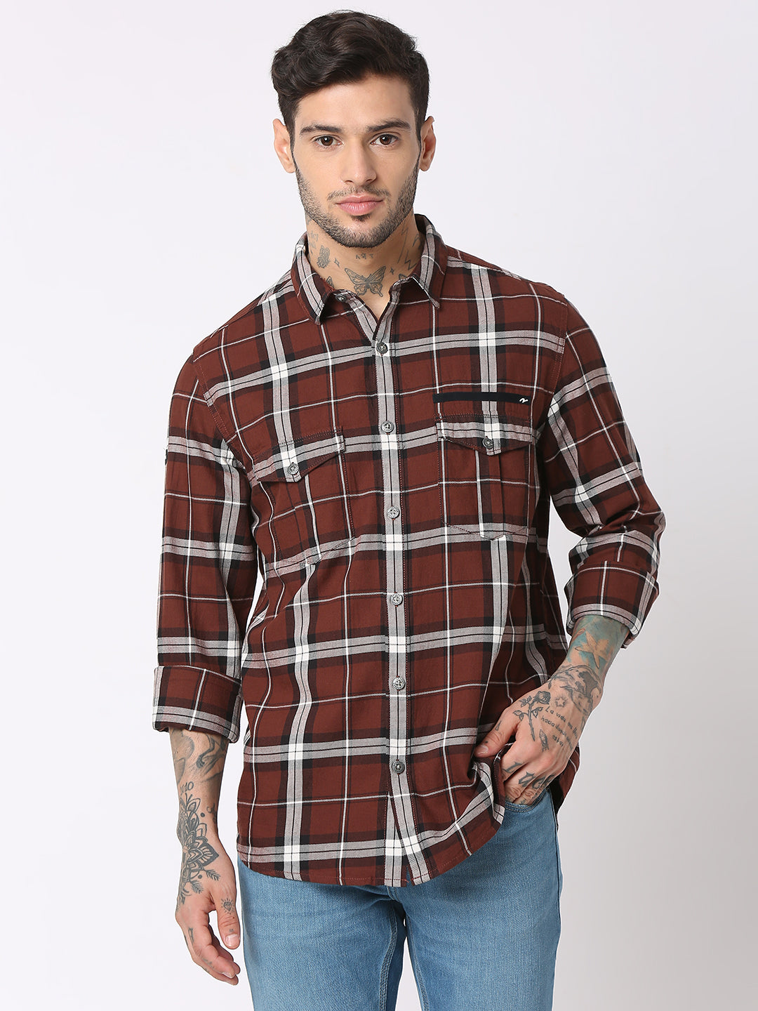 Spykar Men Brown Cotton Regular Fit Checkered Shirts