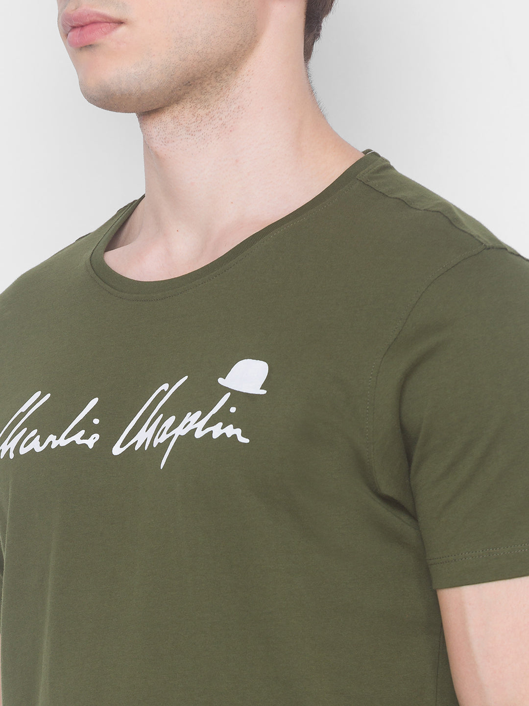 Charlie Chaplin Spykar Men Green Cotton Slim Fit Round Neck T-Shirt