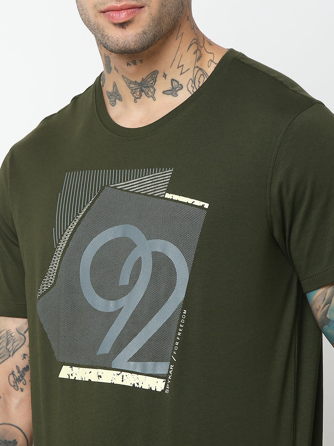 Spykar Men Olive Green Cotton Slim Fit Round Neck Printed T-Shirt