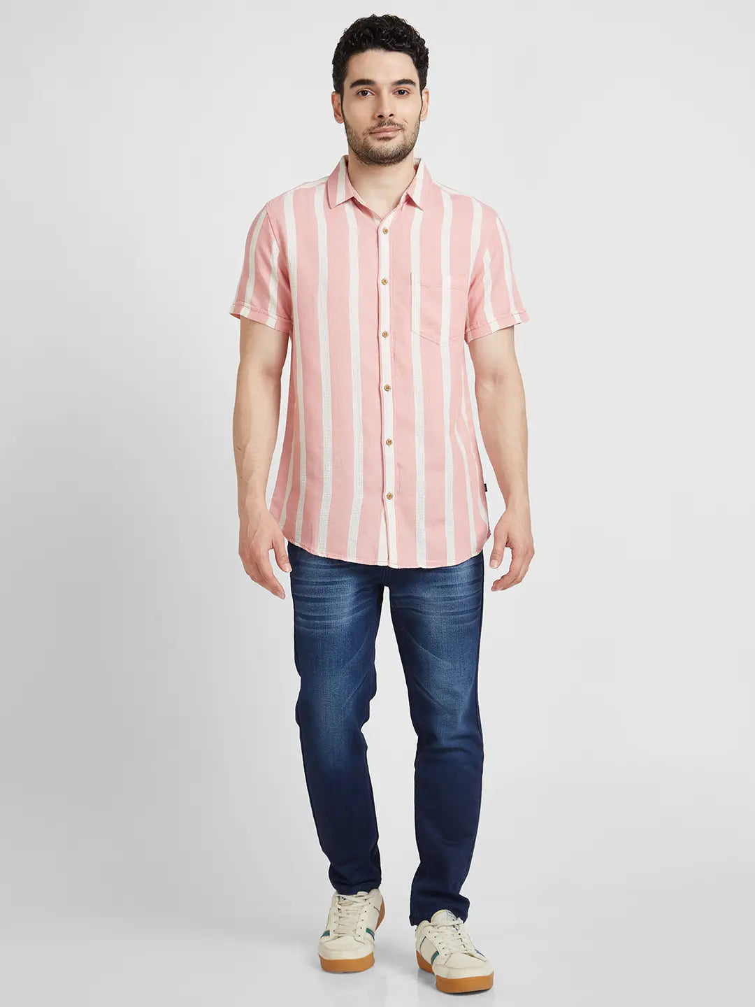 Spykar Men Dusty Pink Cotton Slim Fit Half Sleeve Striped Shirt
