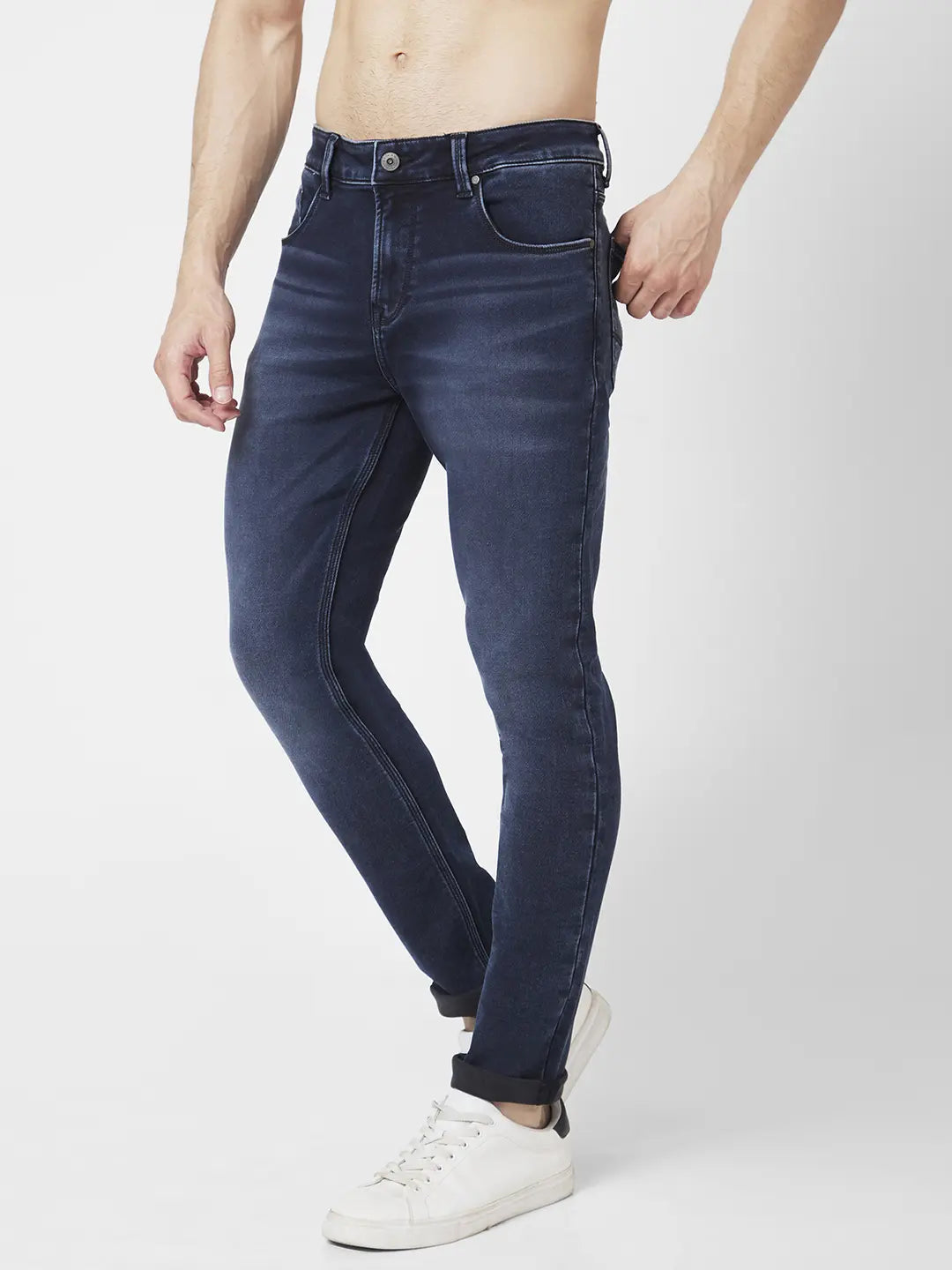 Spykar Men Black Indigo Cotton Stretch Slim Fit Narrow Length Clean Look Low Rise Jeans (Skinny)