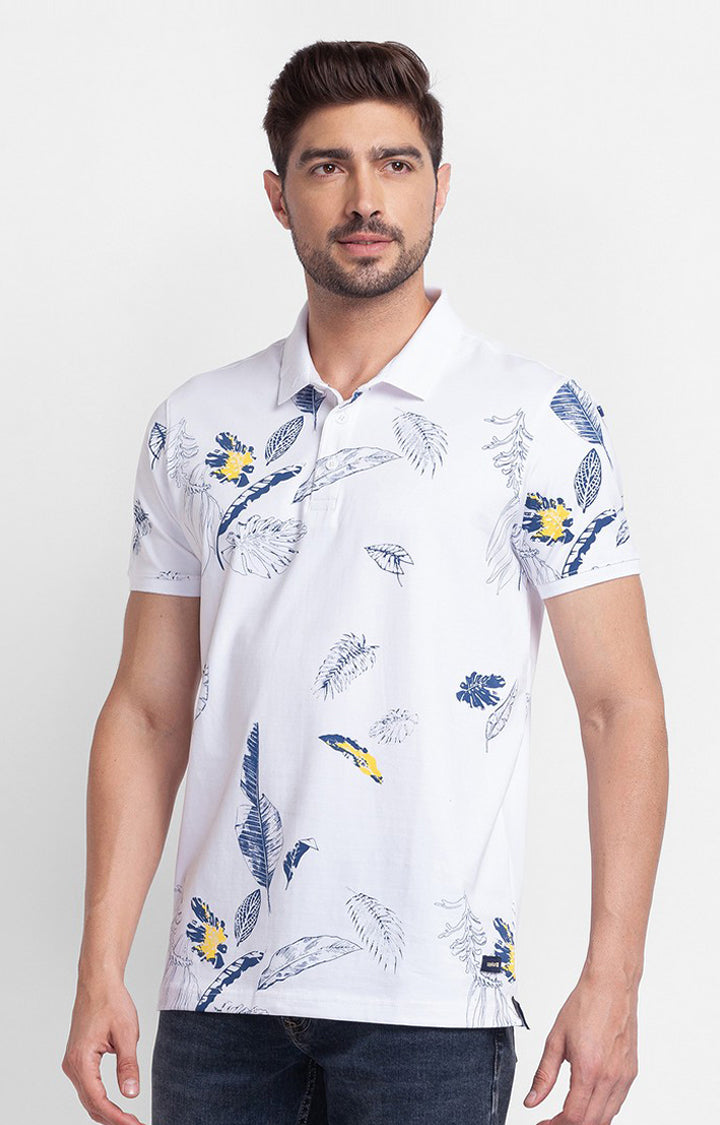 Spykar White Cotton Half Sleeve Printed Casual Polo T-Shirt For Men