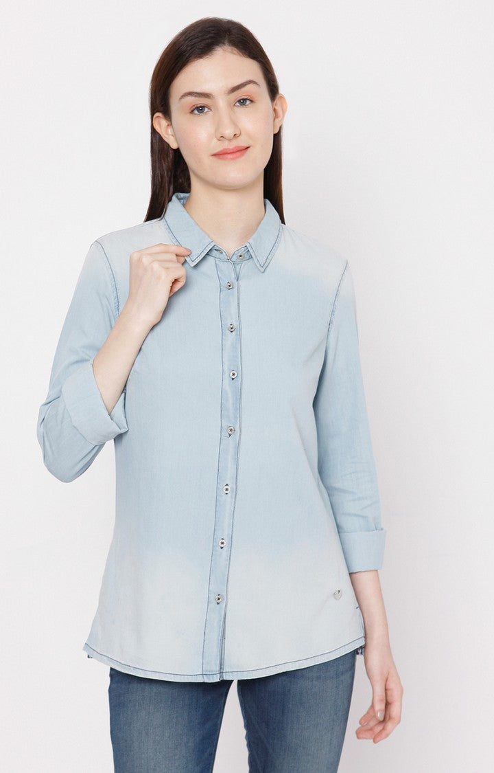 Spykar Women Light Blue Cotton Regular Fit Denim Shirt