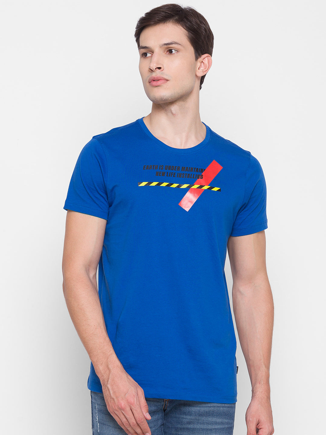 Spykar Men Blue Cotton Slim Fit Round Neck T-Shirt