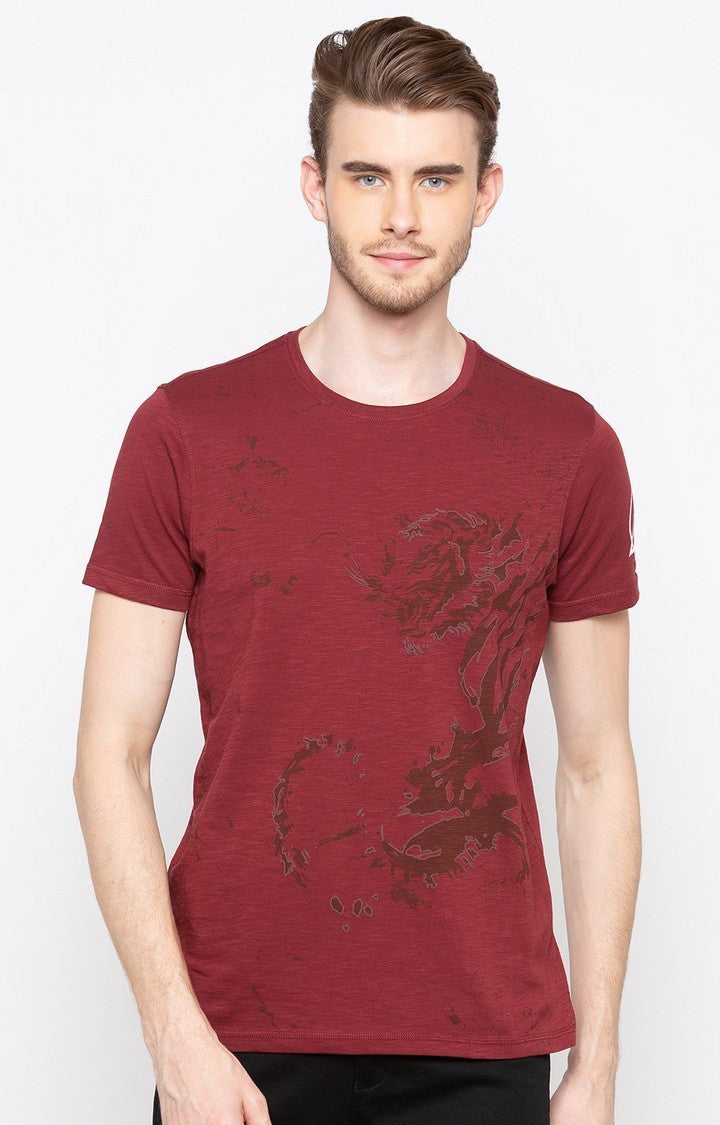 Spykar Wine Printed Slim Fit Men T-Shirts