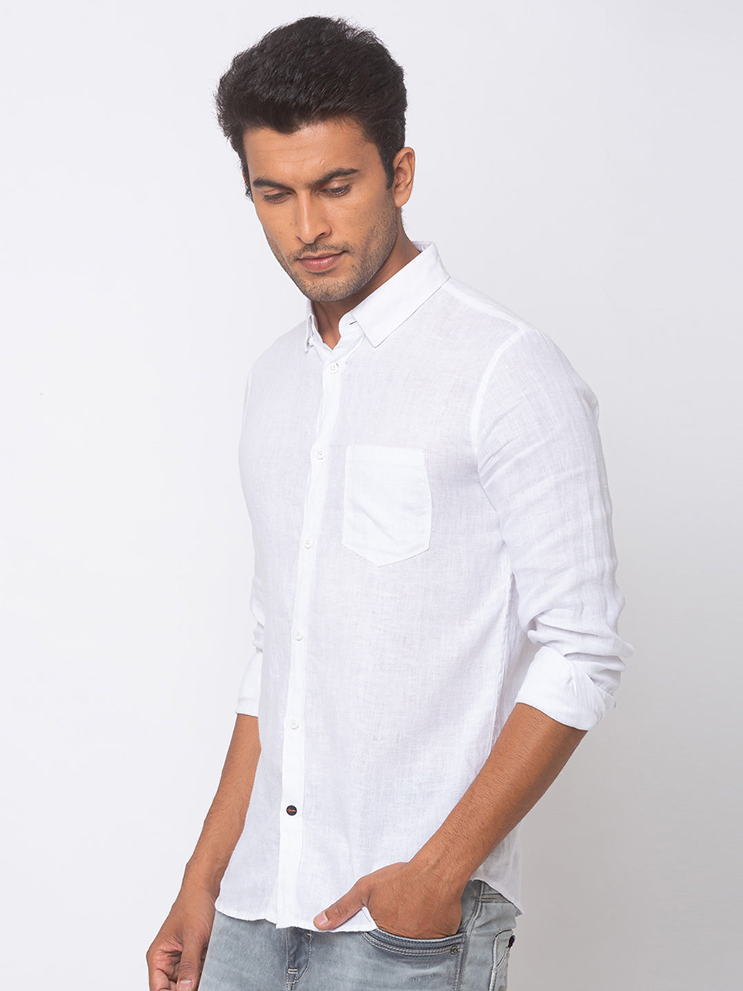 Spykar White Cotton Men Casual Shirts