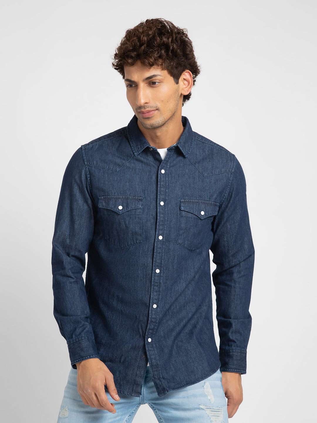 Spykar Men Dark Blue Cotton Slim Fit Denim Shirt