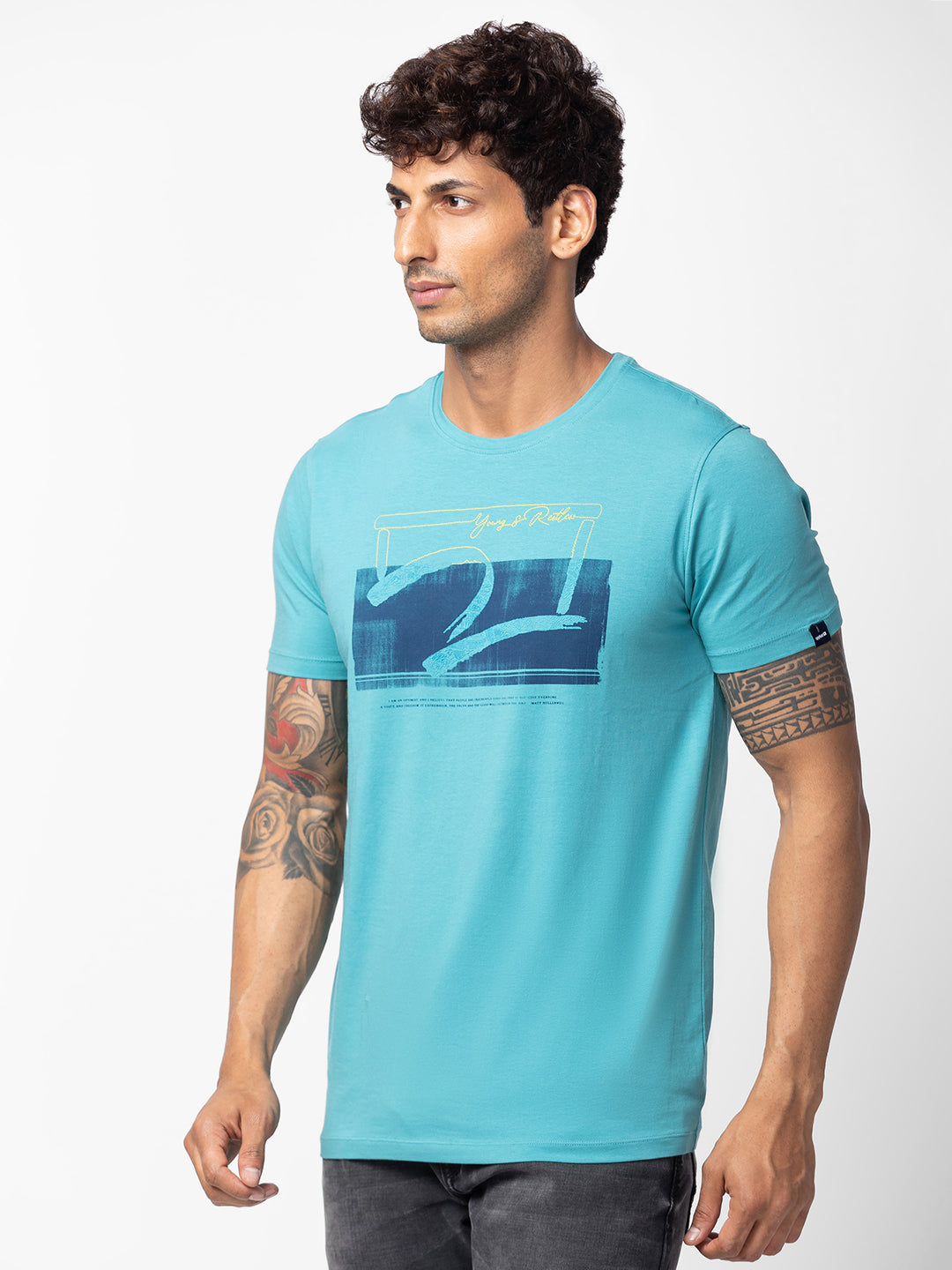 Spykar Men Dusty Turquoise Cotton Regular Fit Half Sleeve Printed T-shirt
