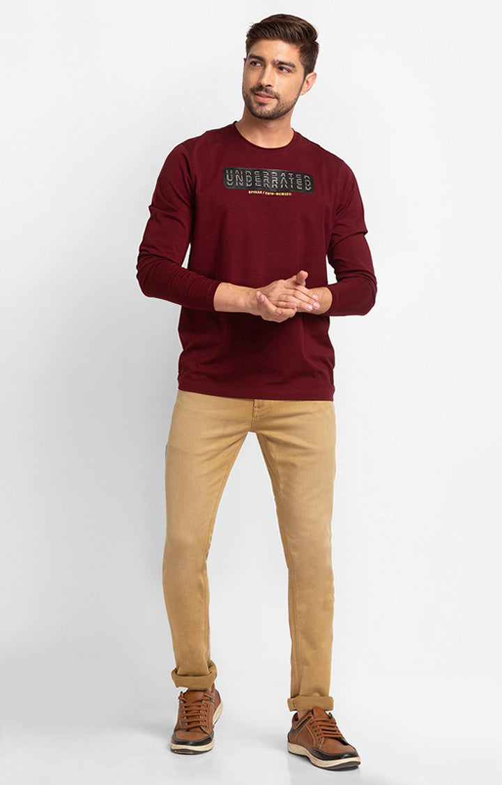 Spykar Wine Cotton Full Sleeve Printed Casual T-Shirt For Men