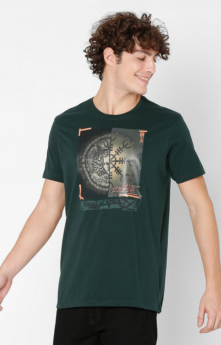 Spykar Men Green Cotton Slim Fit Round Neck T-Shirt