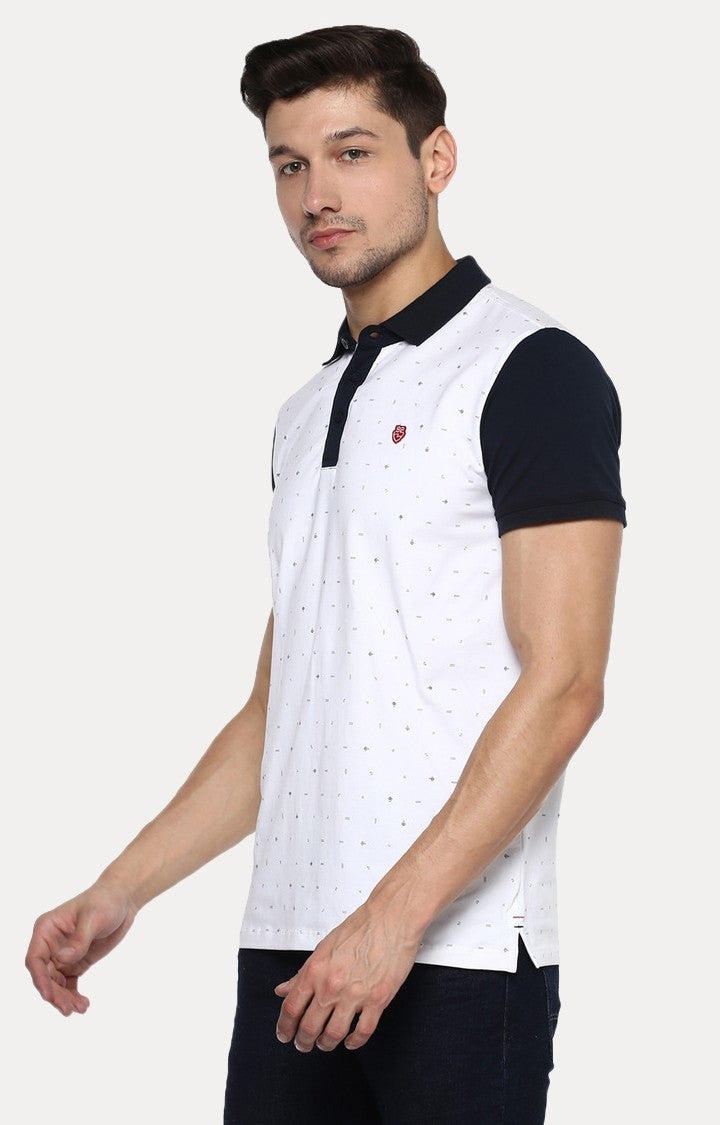 Spykar White Printed Slim Fit Polo T-Shirt