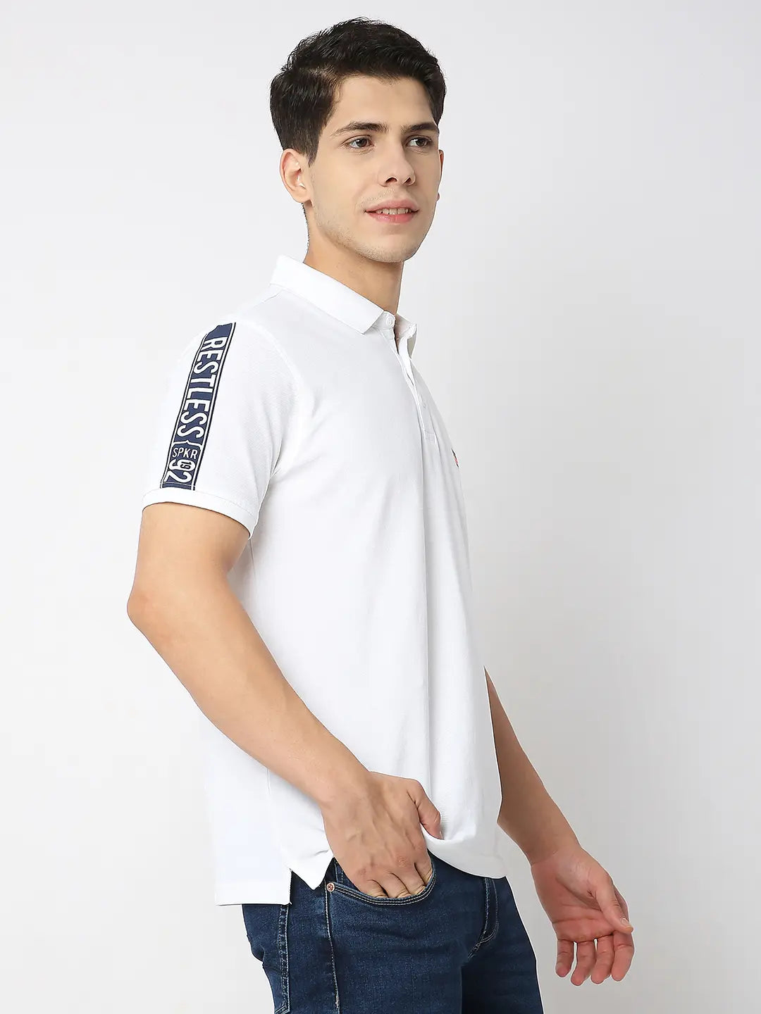 Spykar Men White Cotton Regular Fit Plain Polo Tshirt