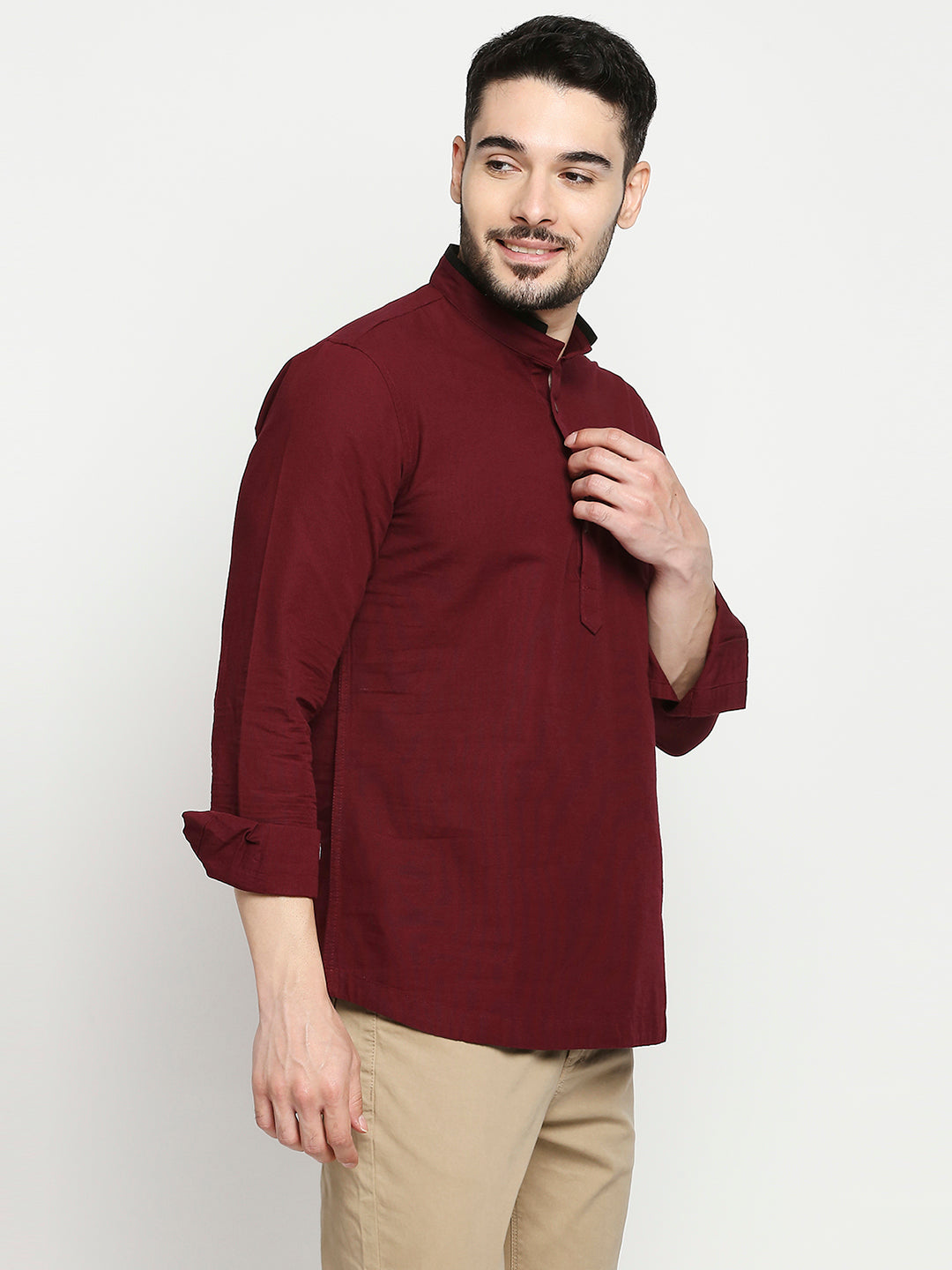 Spykar Wine Cotton Full Sleeve Plain Kurta For Men