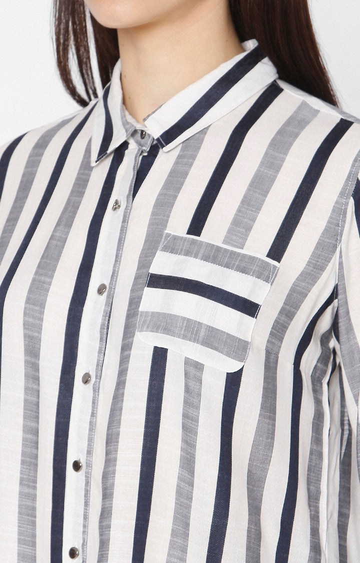 Spykar Women White Viscose Striped Casual Shirts