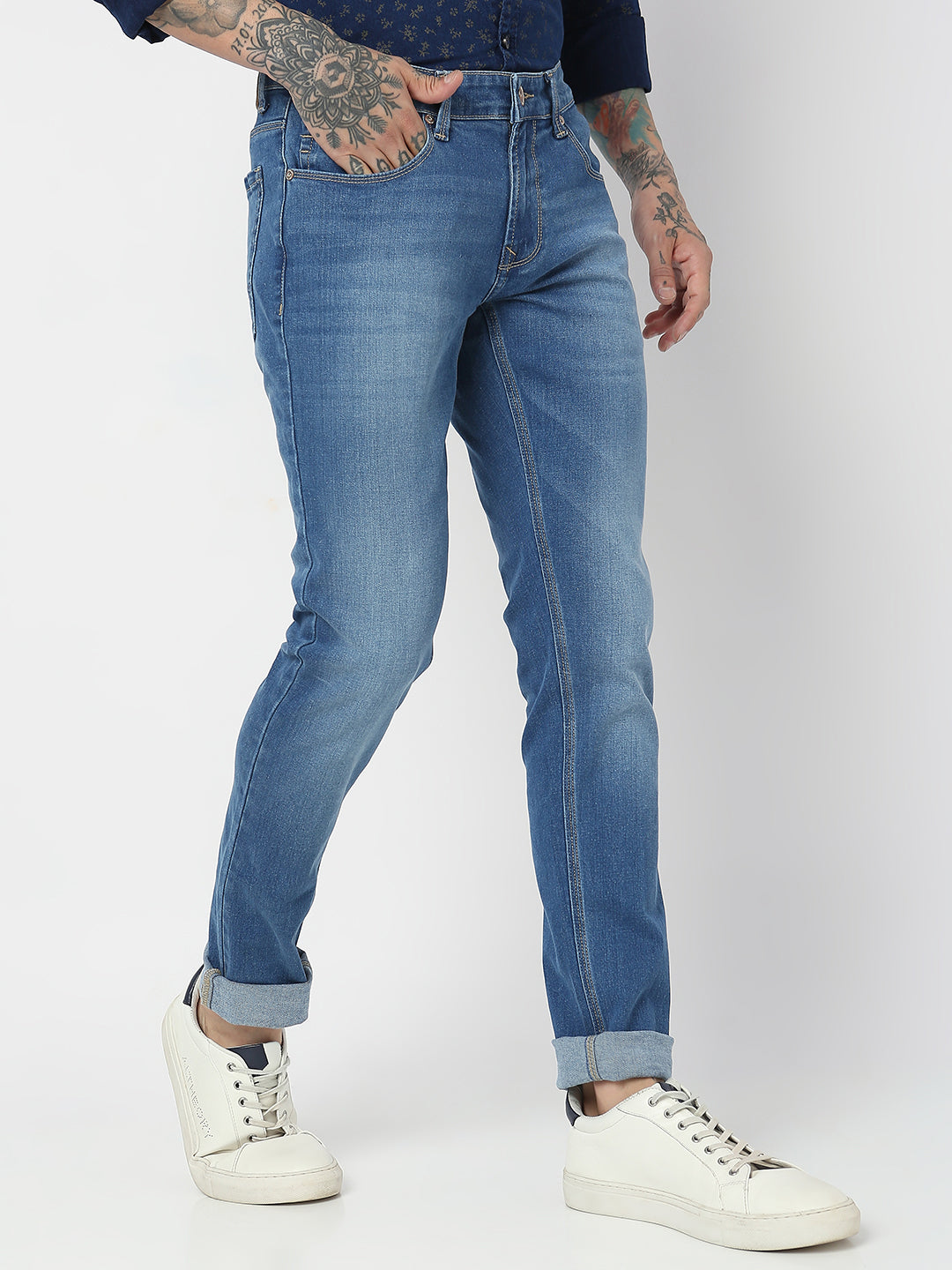 Spykar Men Mid Blue Cotton Slim Fit Narrow Length Jeans (Skinny)