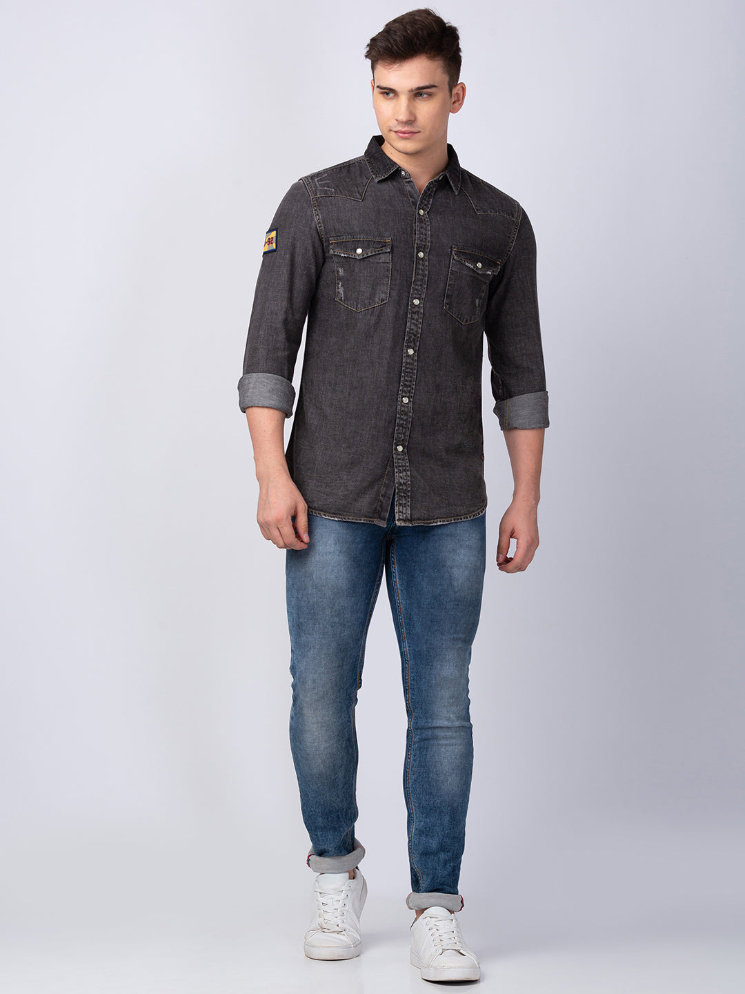 Spykar Men Black Cotton Slim Fit Denim Shirt