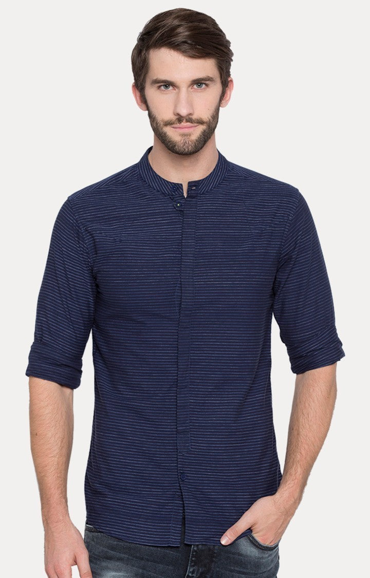 Spykar Men'S Blue Cotton Striped Casual Shirts