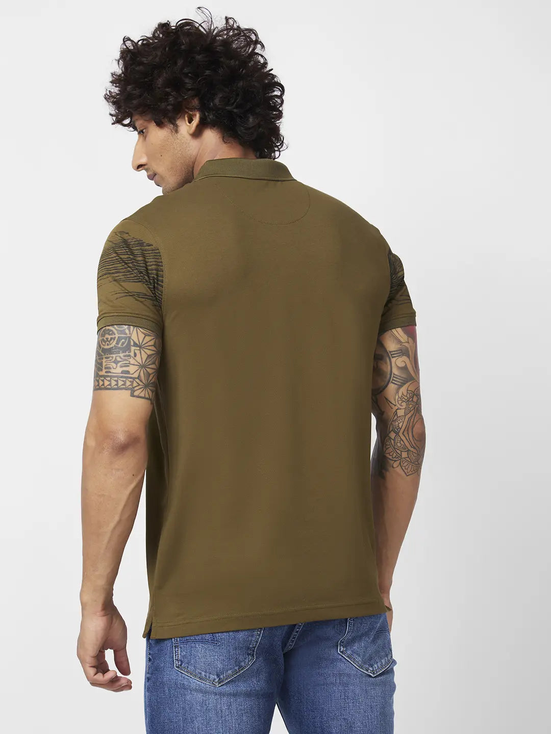 Spykar Men Military Green Blended Slim Fit Half Sleeve Polo Neck Plain Tshirt
