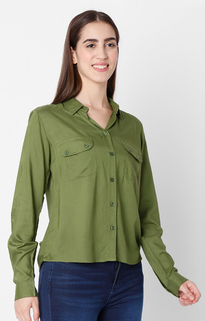 Spykar Regular Fit Green Cotton Women Shirts