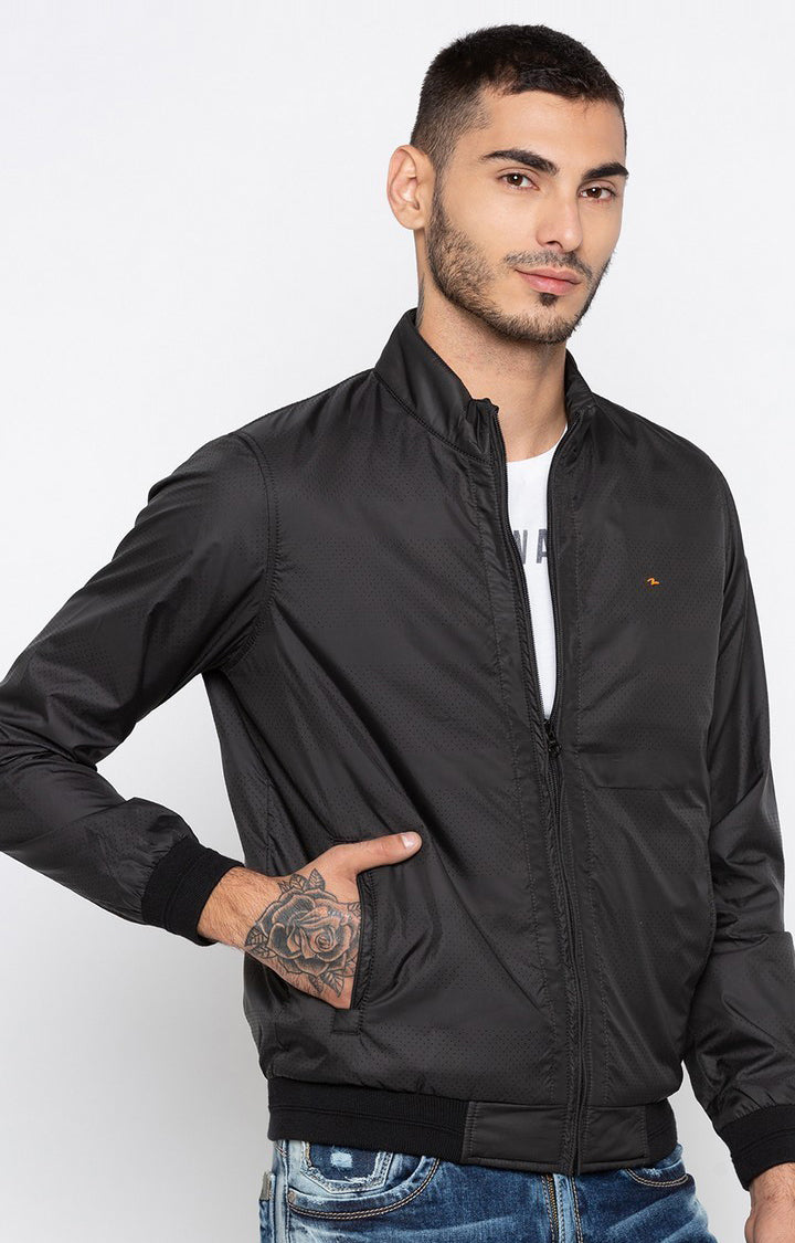 Spykar Men Black Solid Regular Fit Bomber Jacket