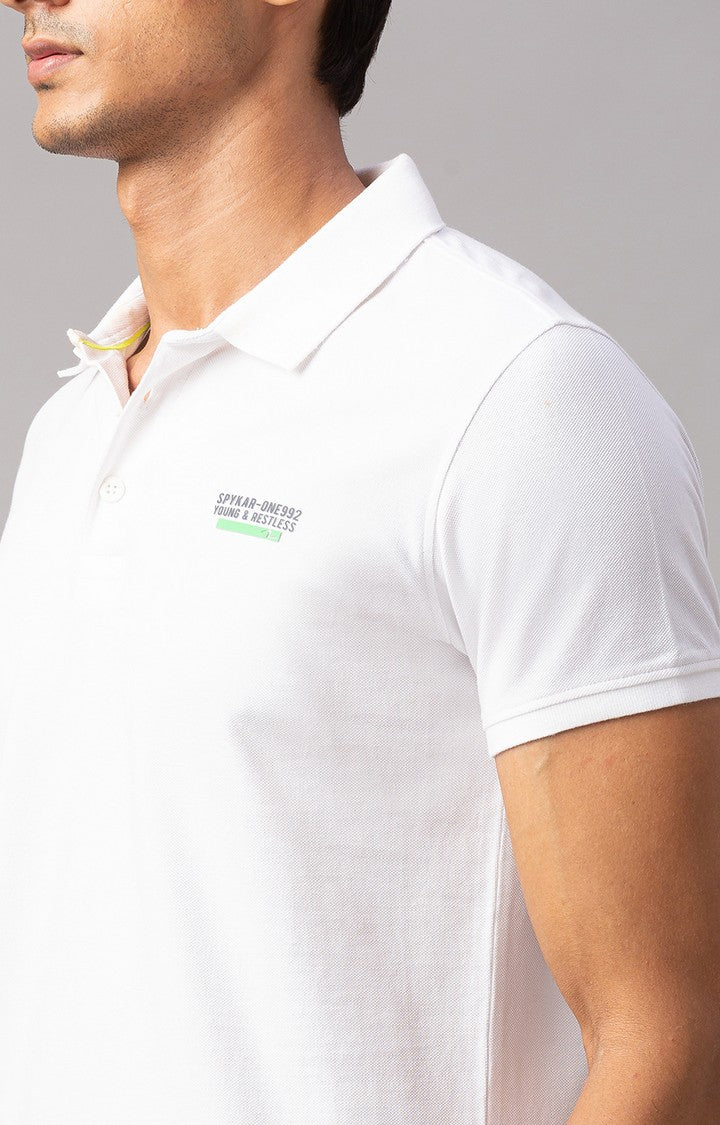 Spykar White Cotton Slim Fit Polo T-Shirt For Men