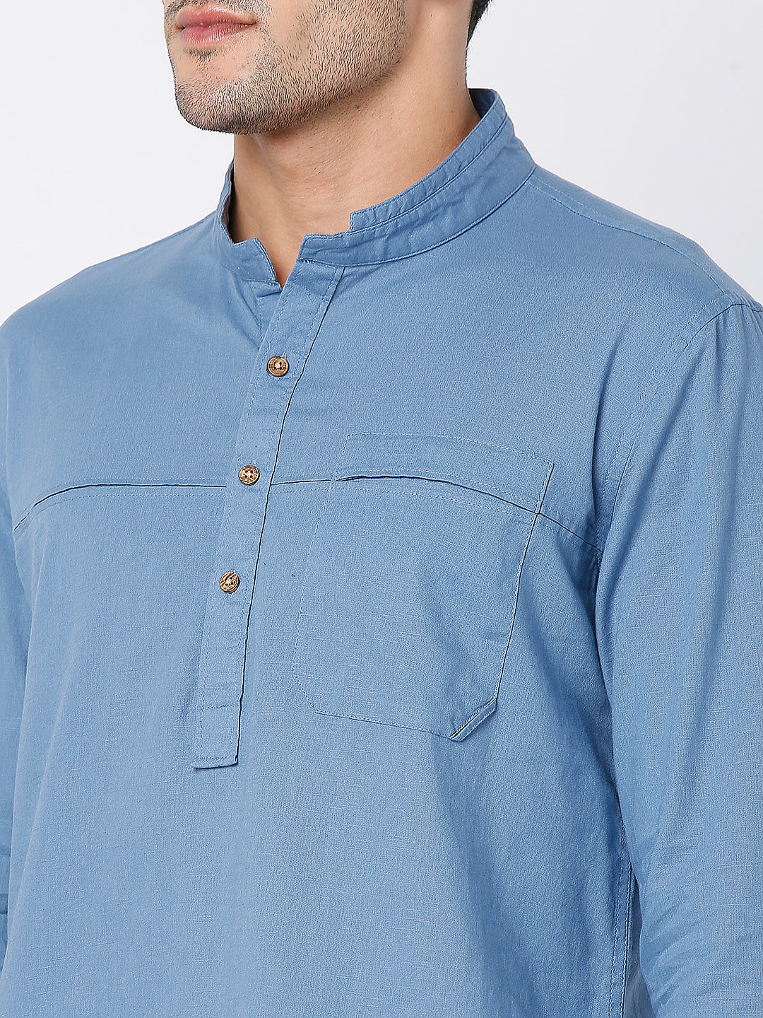 Spykar Men Air Blue Cotton Linen Full Sleeve Plain Kurta