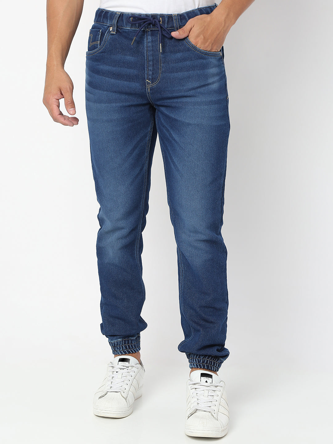 Spykar Men Mid Blue Cotton Regular Fit Tapered Length Jeans (Jogger)