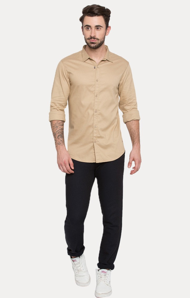 Spykar Men'S Beige Cotton Solid Casual Shirts