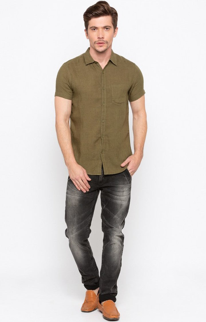 Spykar Men'S Green Cotton Solid Casual Shirts