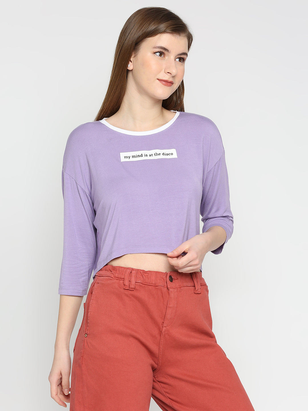 Spykar Women Lilac Blended Slim Fit Printed Crop Top