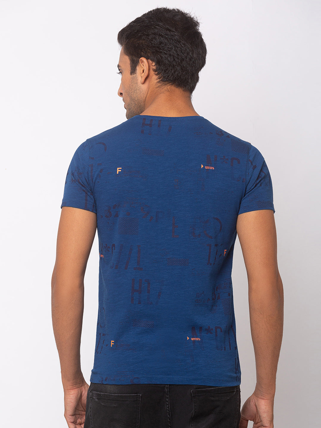 Spykar Ink Blue Cotton Men T-Shirts