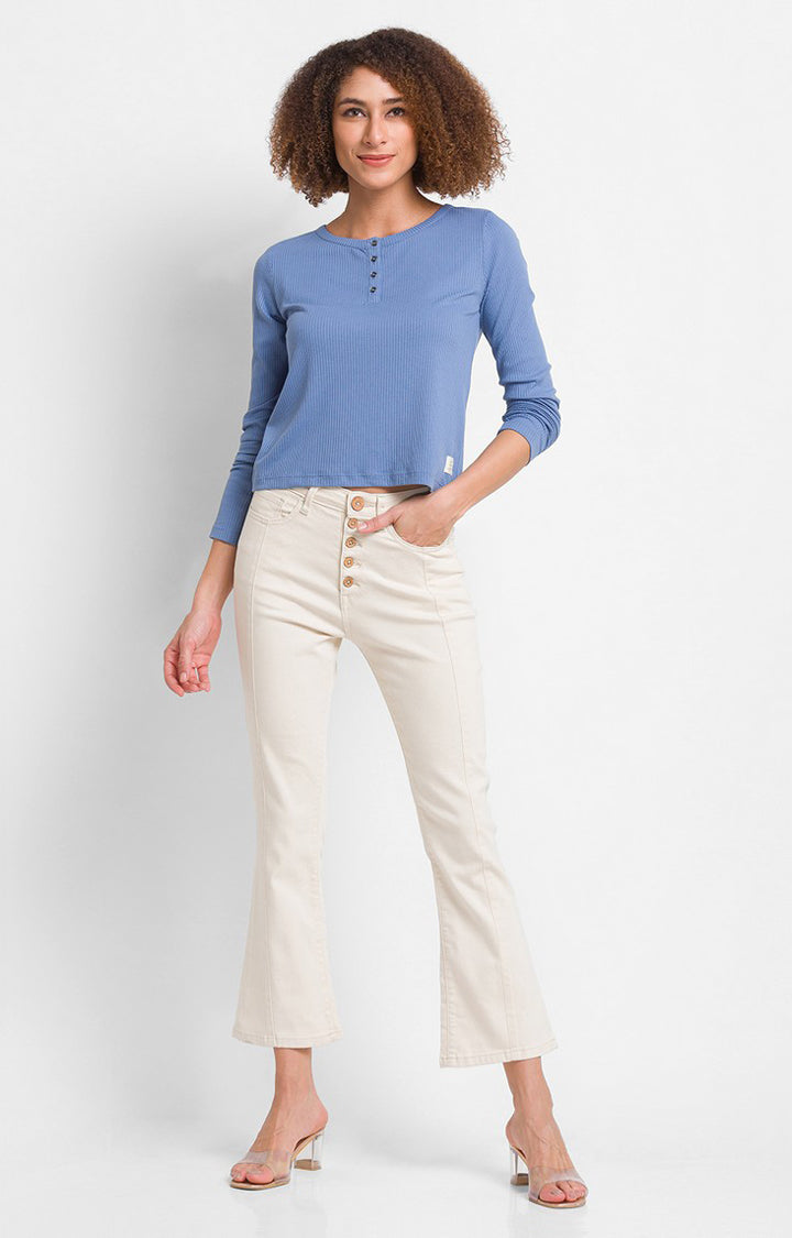 Spykar Ecru Cotton Flare Fit Ankle Length Jeans For Women (Elissa)