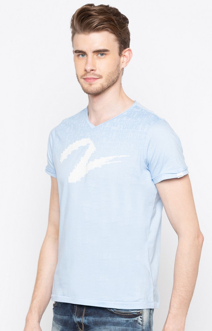 Spykar Blue Printed Slim Fit Men T-Shirts